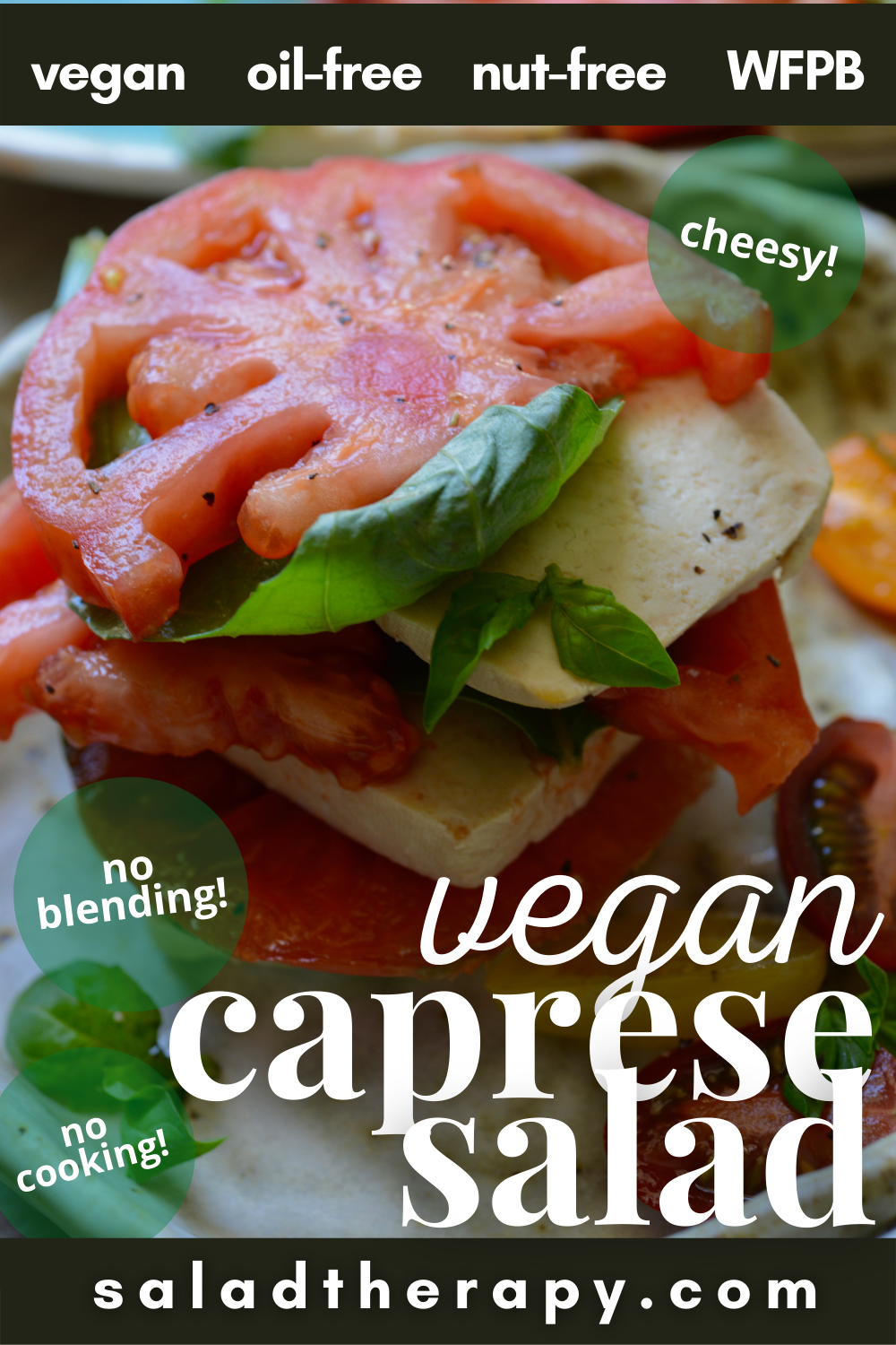 vegan caprese salad closeup pinterest image with text overlay