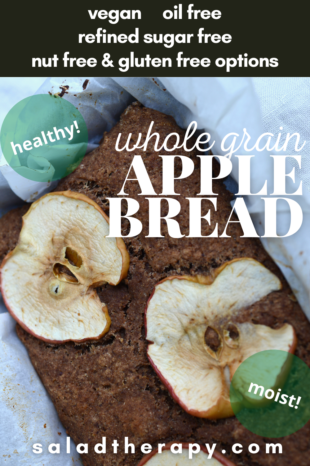 pinterest image of baked vegan apple bread closeup with text overlay