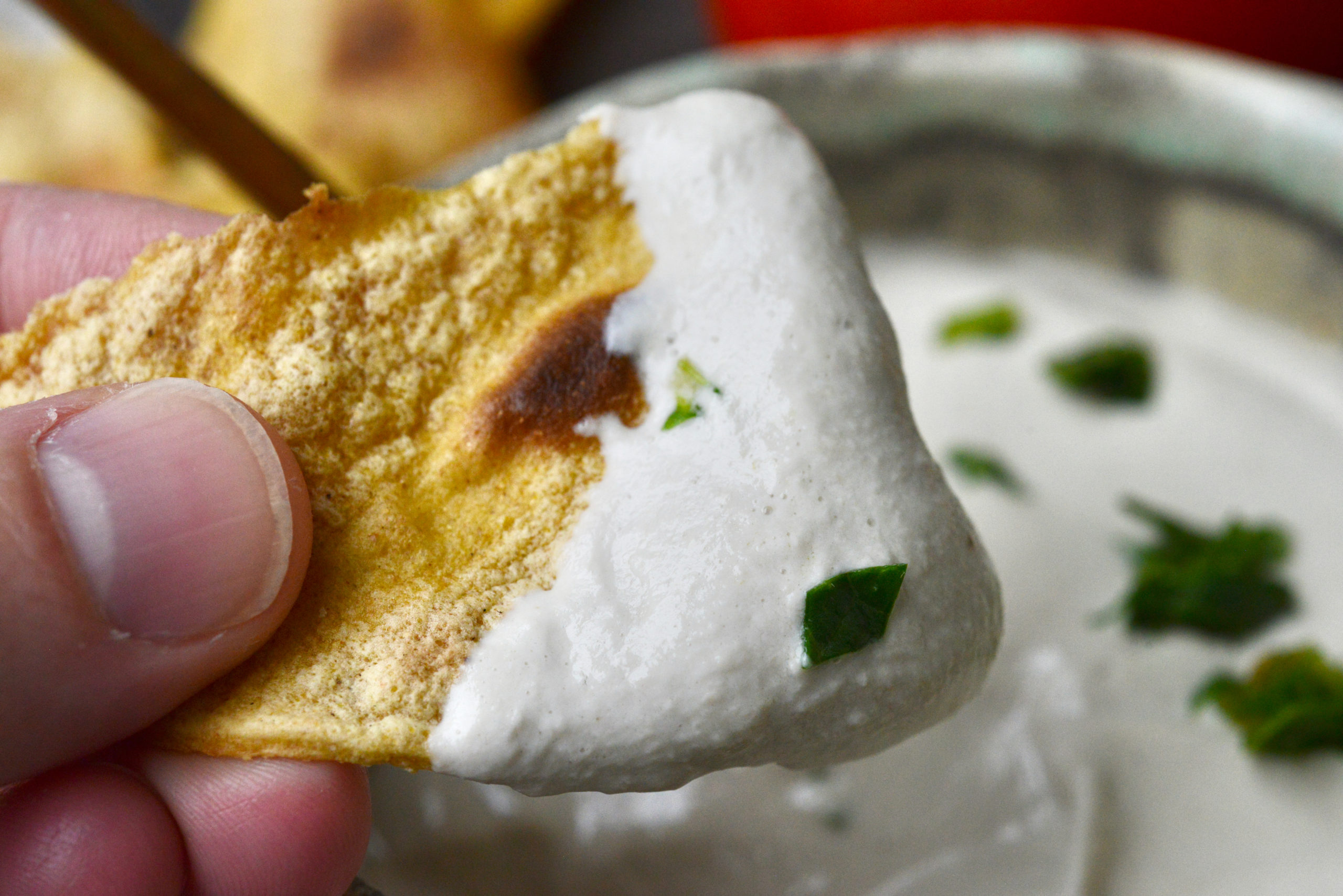 3-Ingredient Vegan Sunflower Seed Sour Cream, closeup of hand dipping toasted tortilla into sour cream