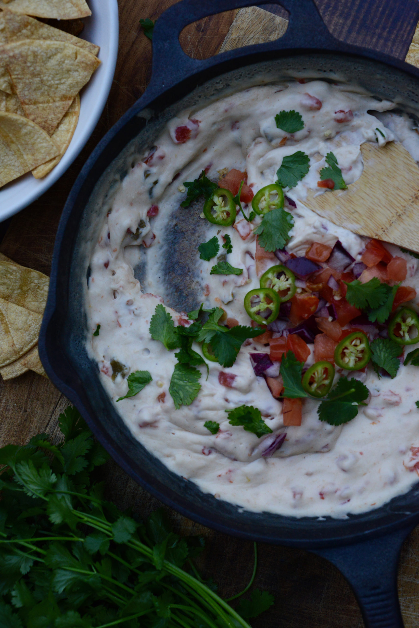 areal shot of queso dip with garnishes of cilantro, tomato, red onion, and chili pepper, surrounded by oil-free oven-baked tortilla chips and cilantro
