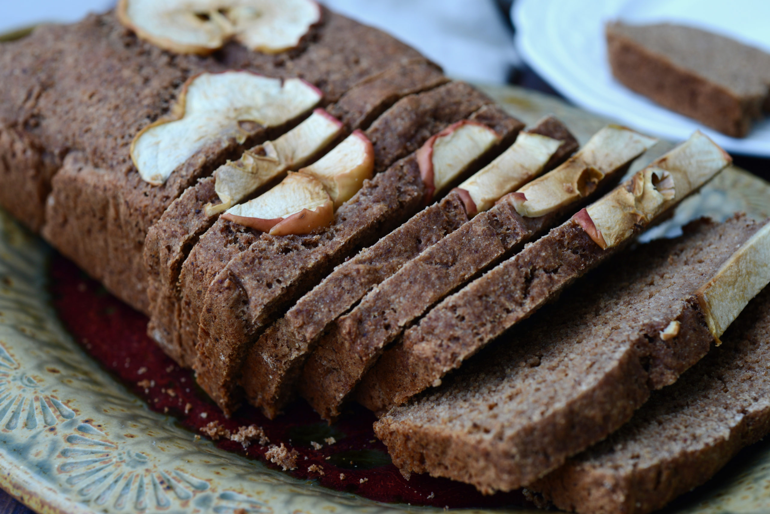sliced vegan apple bread on platter