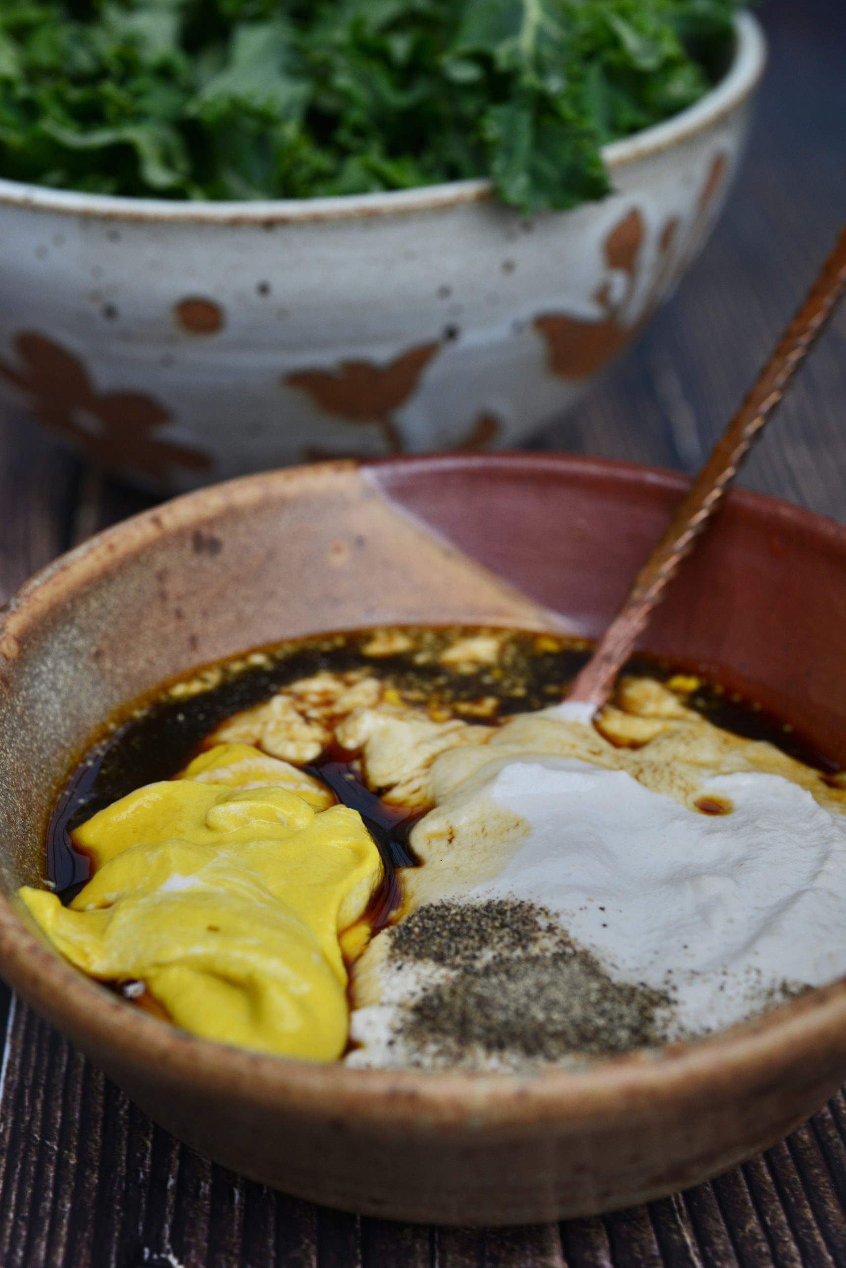 Honeyless Honey Mustard Vegan Dressing ingredients in bowl ready to mix