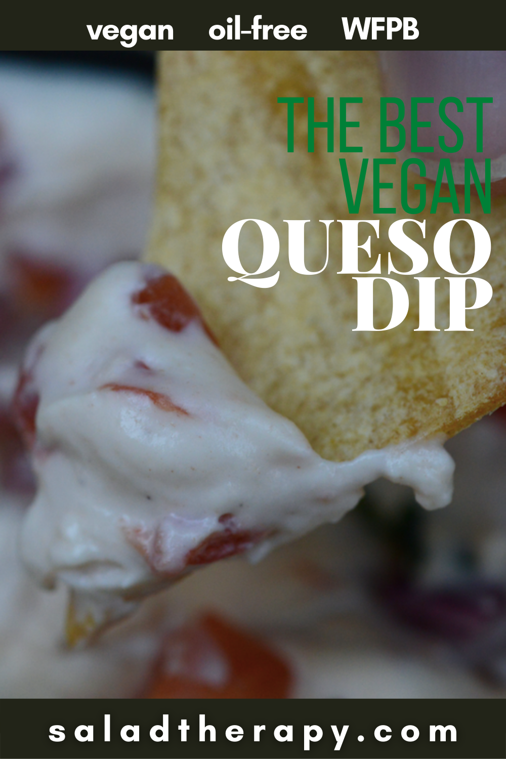 pinterest image of closeup shot of chip and queso dip with text overlay