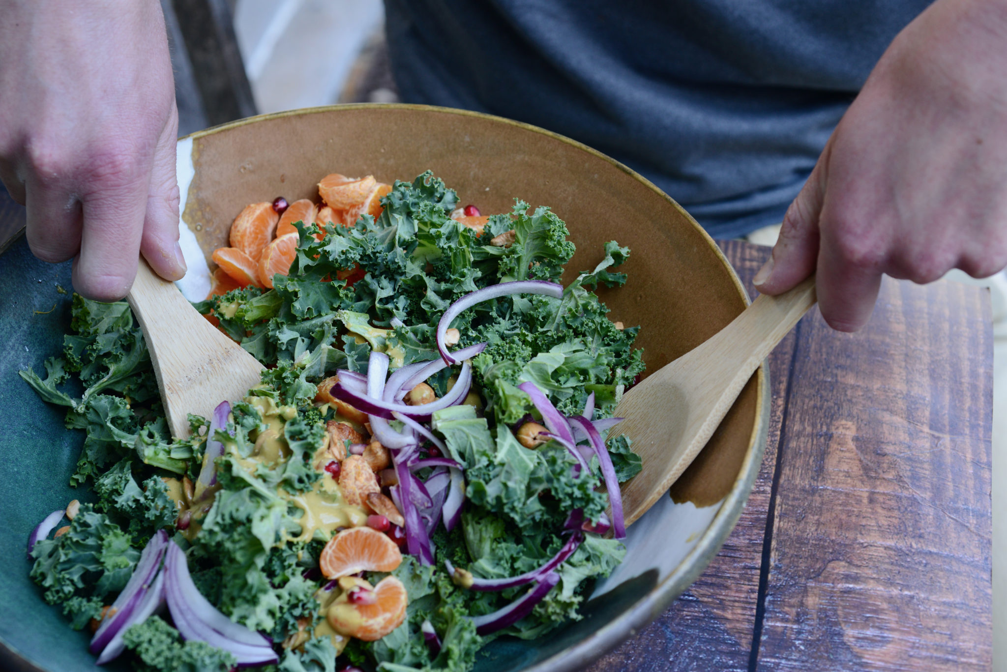 Honeyless Honey Mustard Kale Salad with Oranges and Cashews Salad Therapy