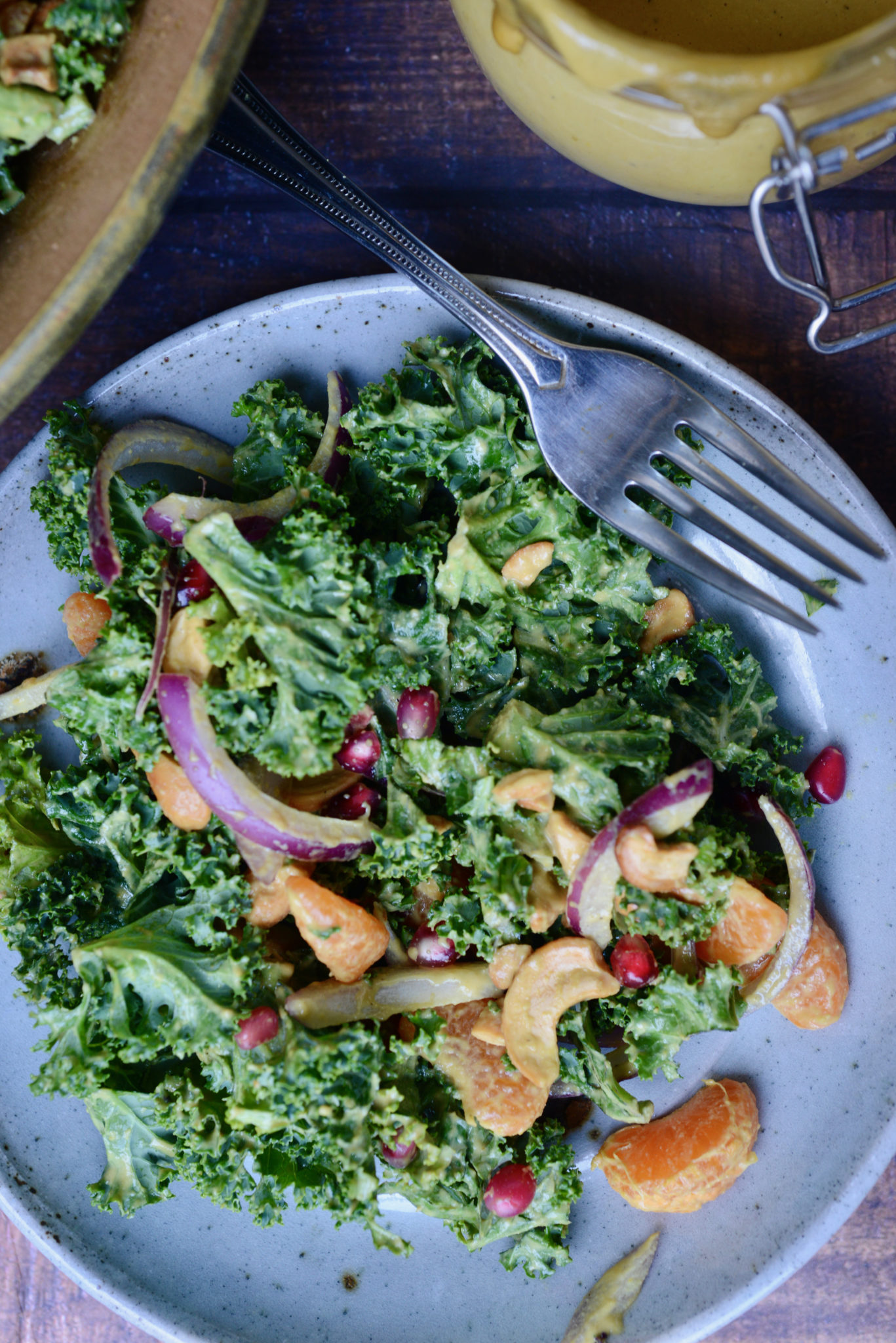 Honeyless Honey Mustard Kale Salad with Oranges and Cashews Salad Therapy